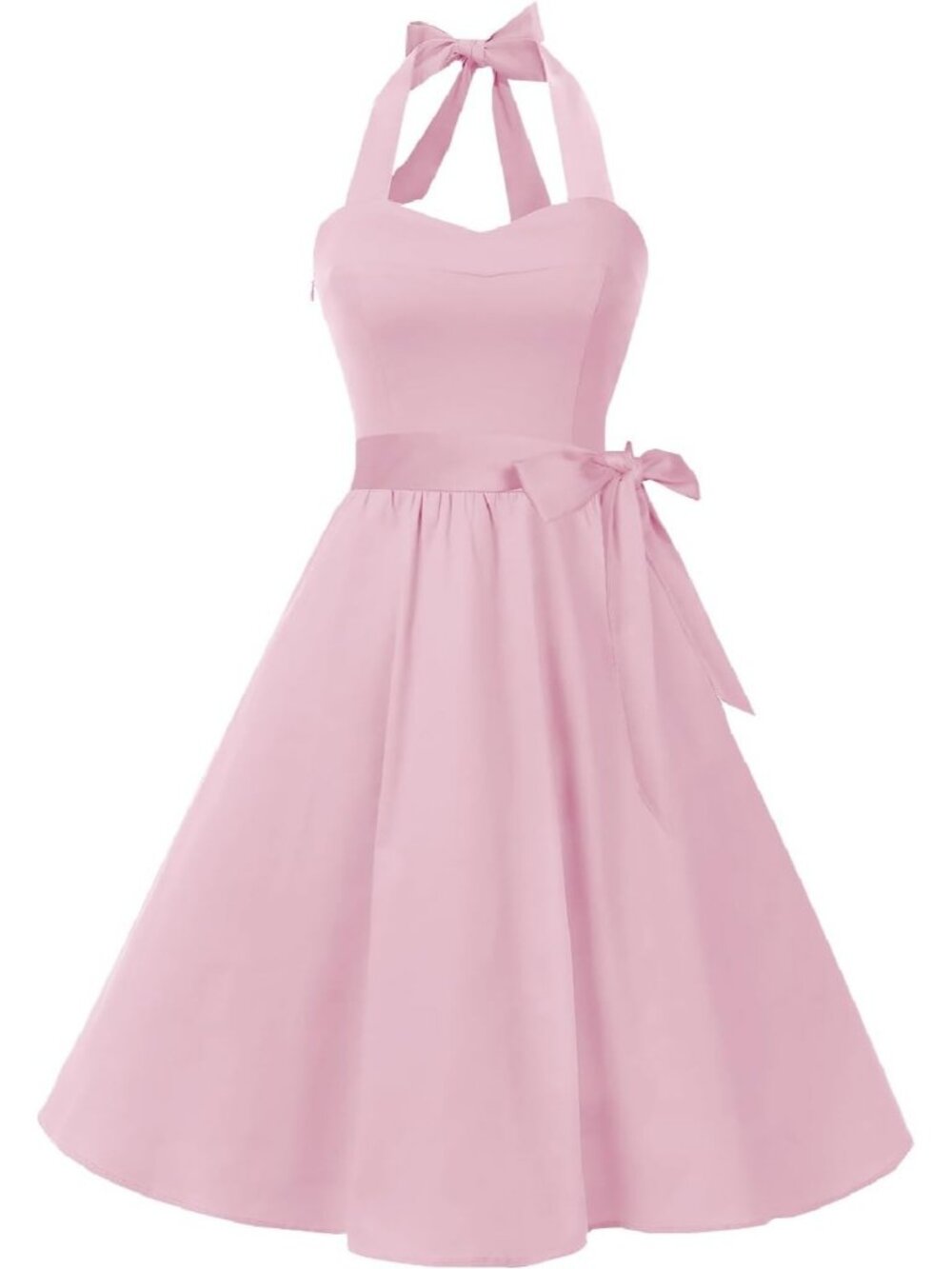 Women's Vintage Polka Audrey 1950s Halter Retro Cocktail Dress- Baby Pink